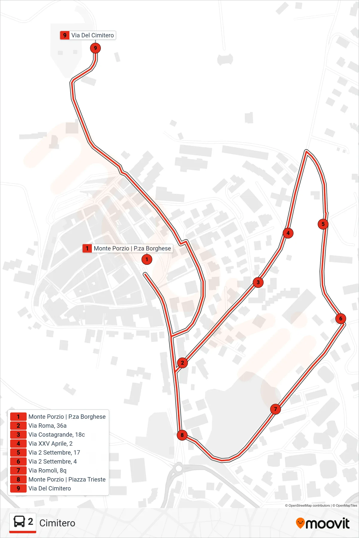 2 bus Line (Cemetery) route and stops on a map