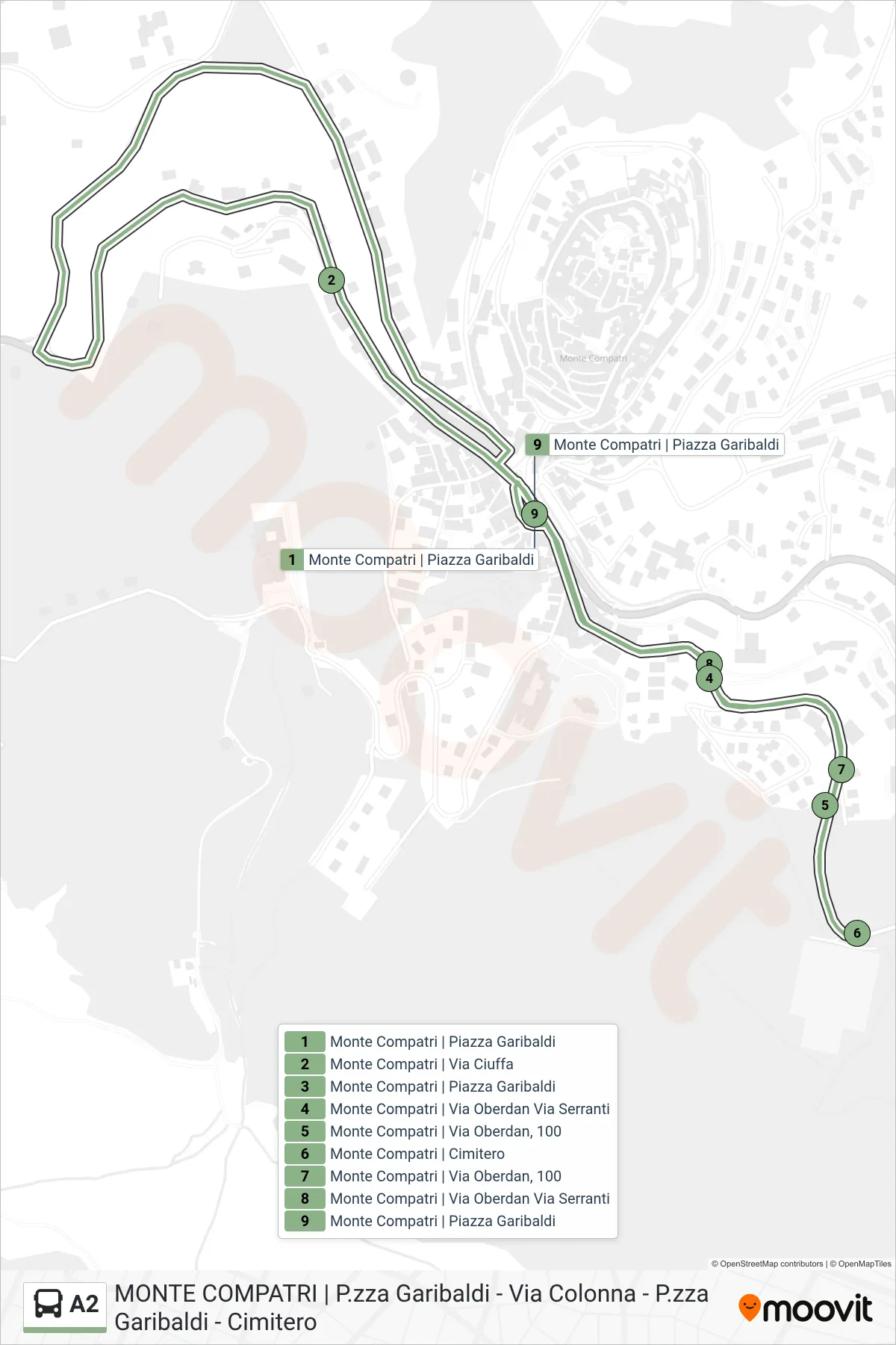 Linea A2  bus (Via Colonna - P.Zza Garibaldi - Cimitero) - Percorsi e fermate sulla mappa