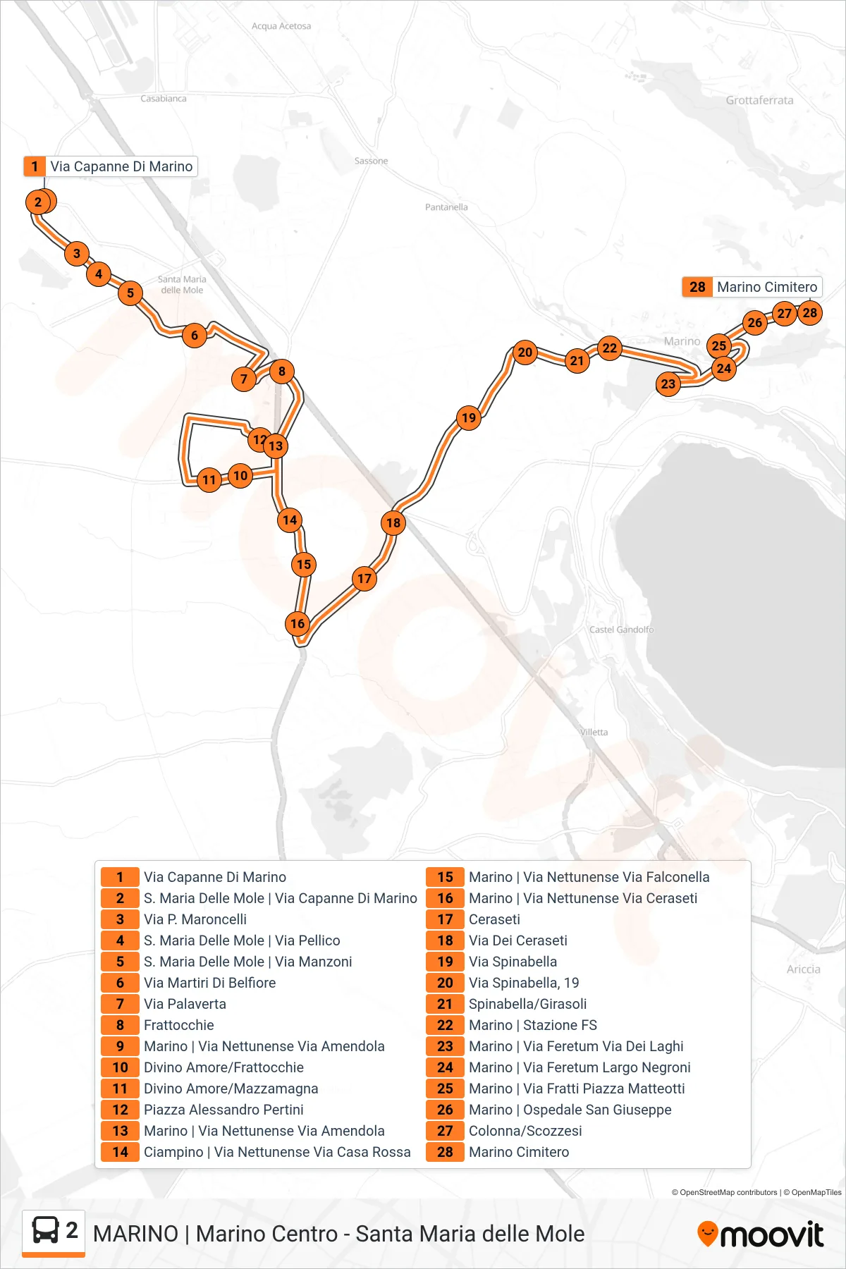 Linea 2 bus (Cimitero di Marino) - Percorsi e fermate sulla mappa