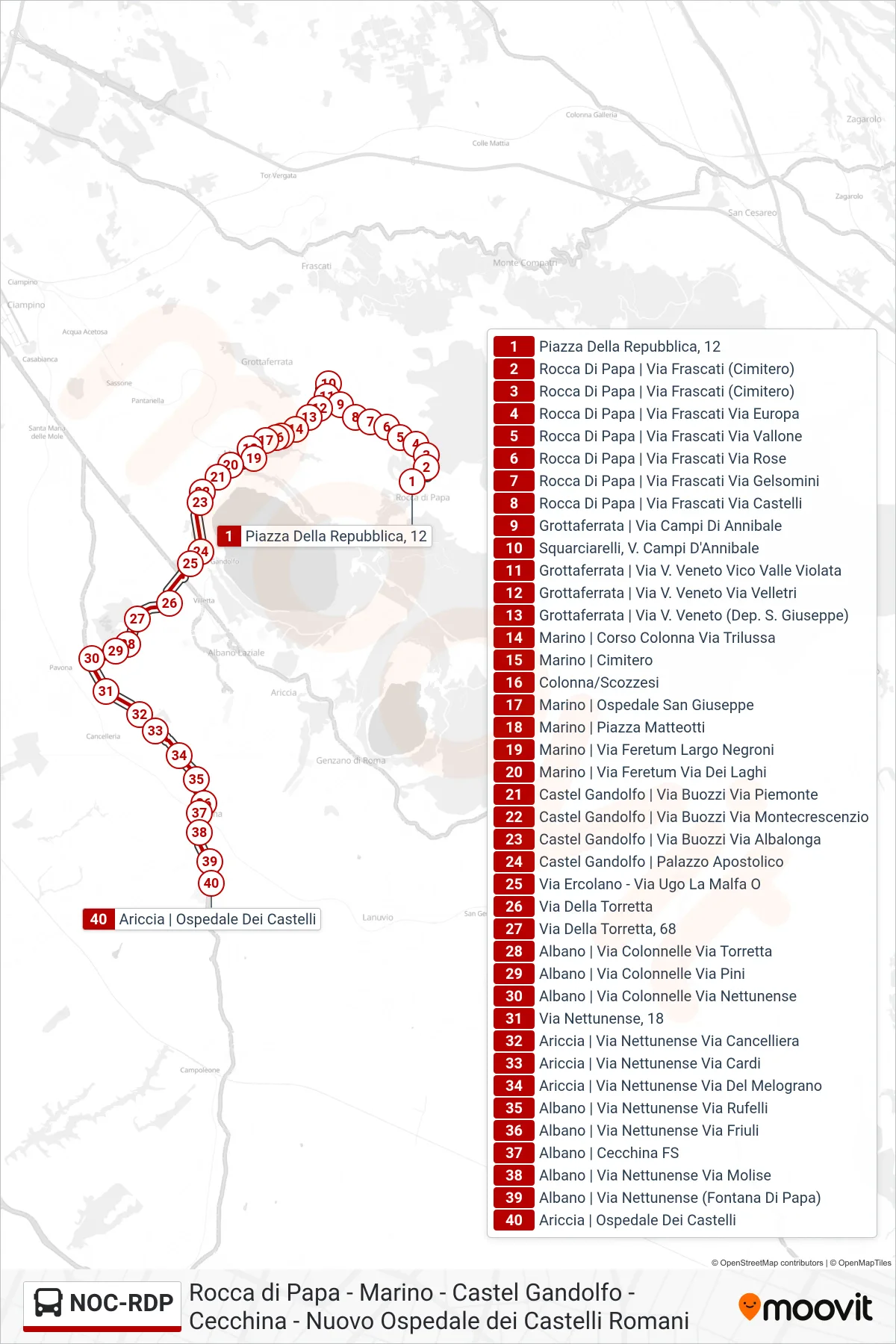 Linea NOC-RDP  bus (Nuovo Ospedale Dei Castelli Romani) - Percorsi e fermate sulla mappa