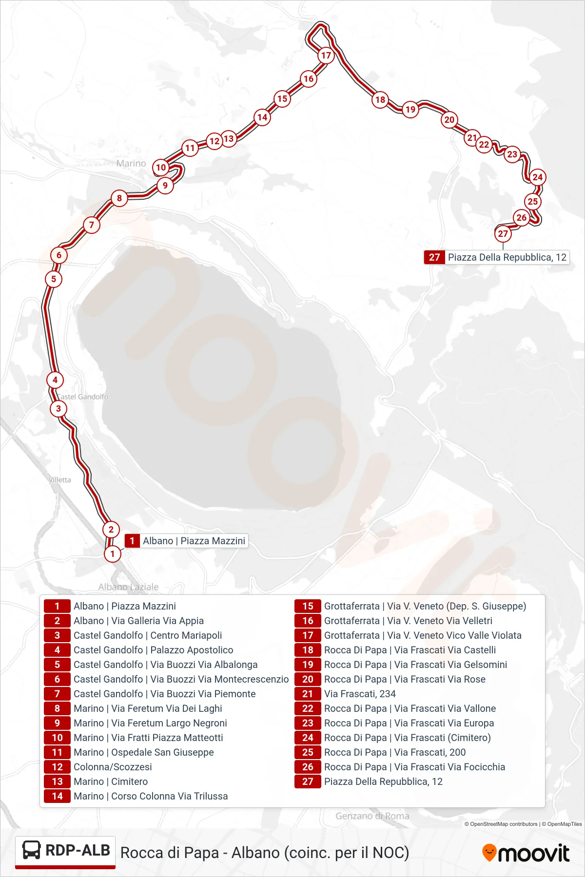 RDP-ALB bus Line (Rocca Di Papa) route and stops on a map