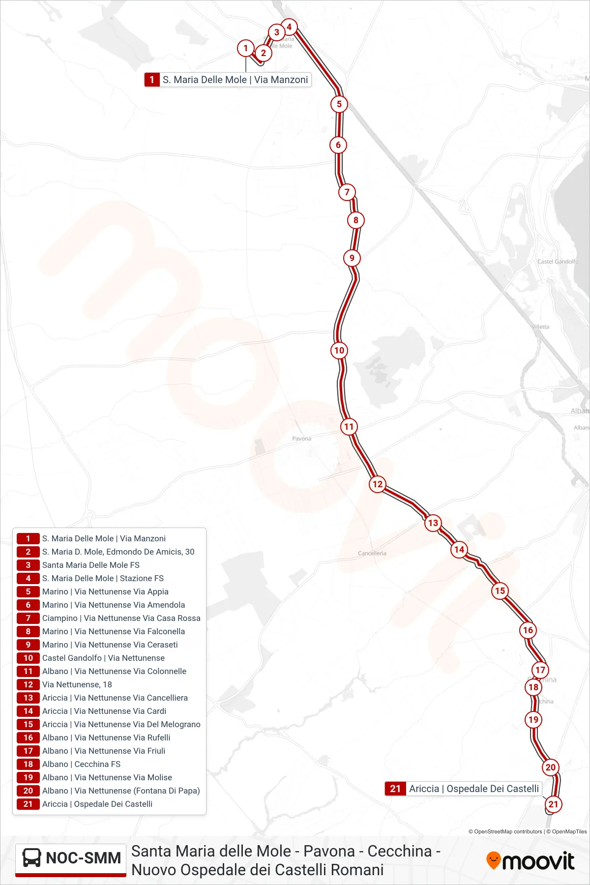 Linea NOC-SMM bus (Nuovo Ospedale Dei Castelli Romani) - Percorsi e fermate sulla mappa