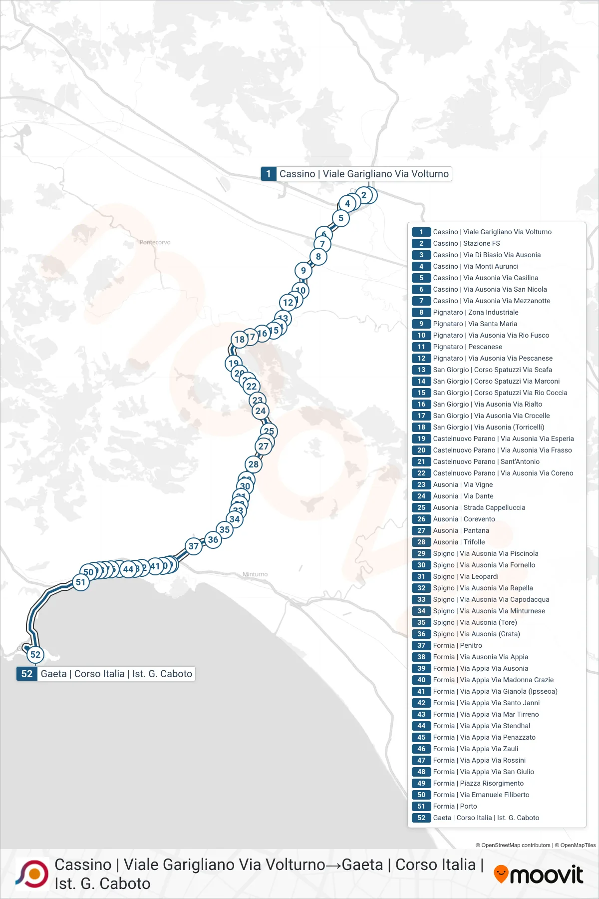 Linea COTRAL  bus (Cassino | Viale Garigliano Via Volturno‎→Gaeta | Corso Italia | Ist. G. Caboto) - Percorsi e fermate sulla mappa