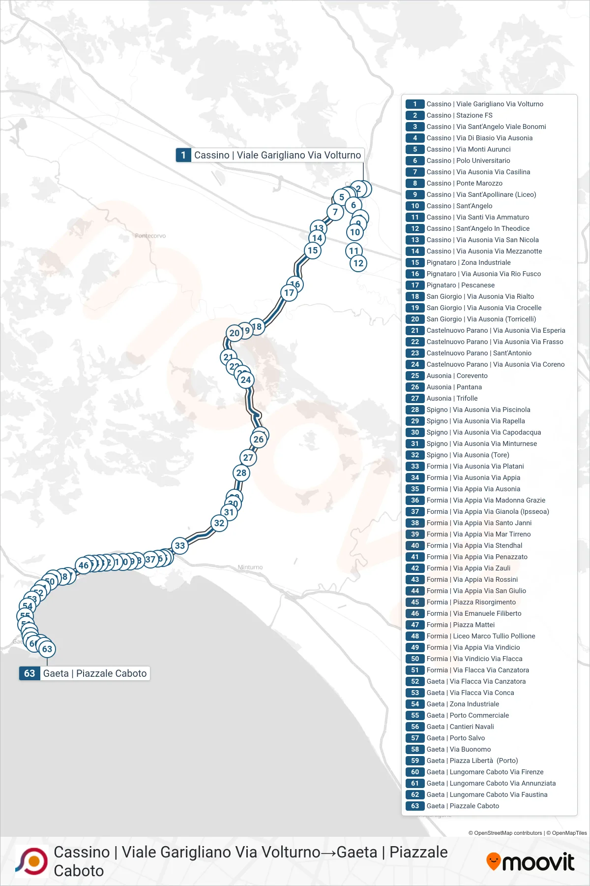 Linea COTRAL bus (Cassino | Viale Garigliano Via Volturno→Gaeta | Piazzale Caboto) - Percorsi e fermate sulla mappa