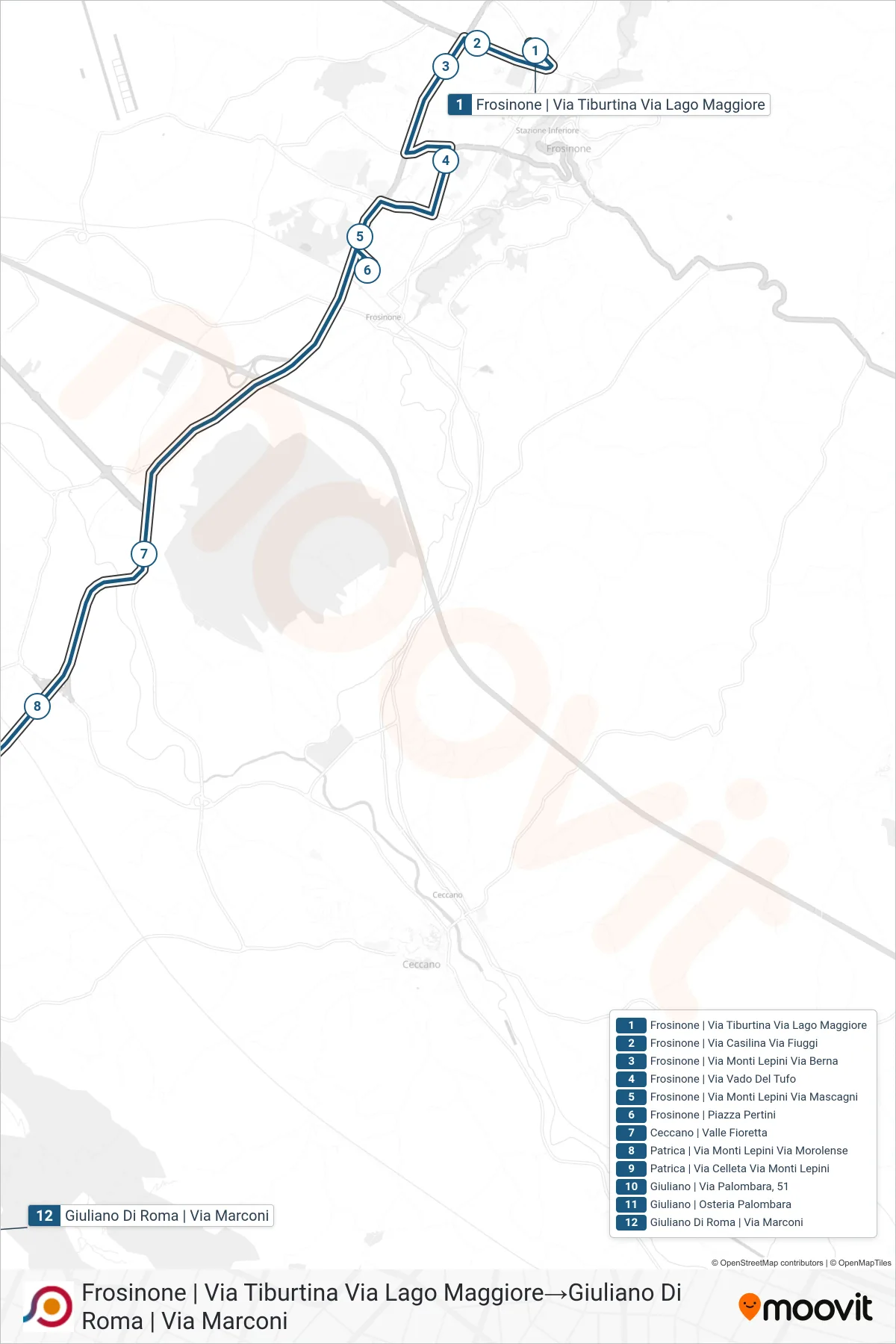 Linea COTRAL bus (Frosinone | Via Tiburtina Via Lago Maggiore→Giuliano Di Roma | Via Marconi) - Percorsi e fermate sulla mappa