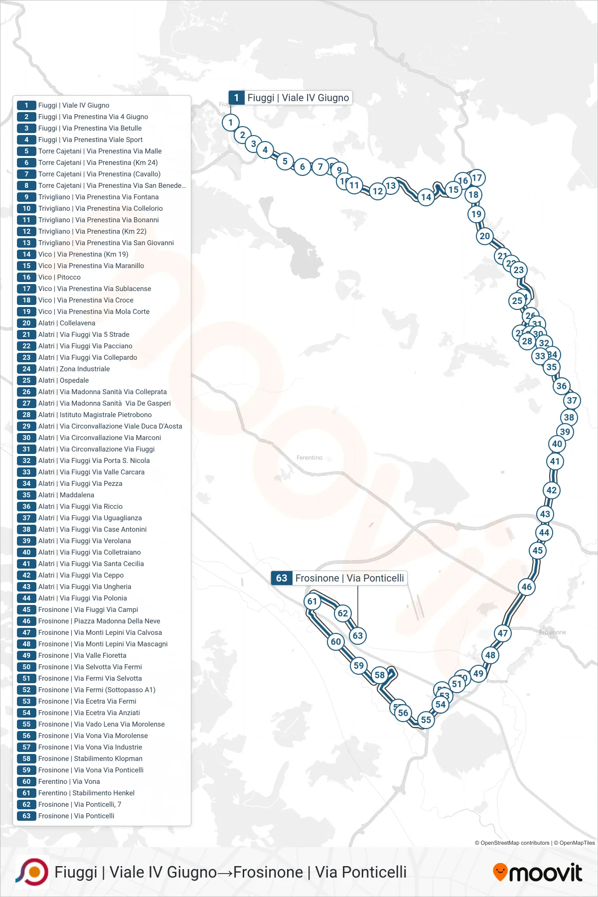 Linea COTRAL bus (Fiuggi | Viale IV Giugno→Frosinone | Via Ponticelli) - Percorsi e fermate sulla mappa