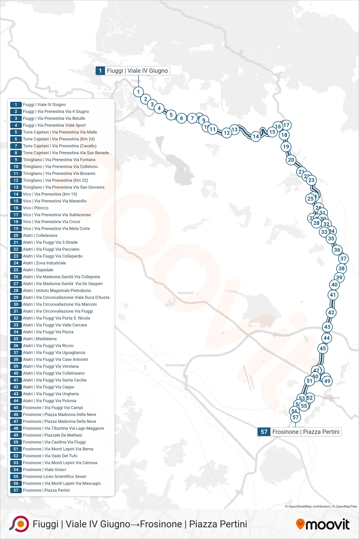 Linea COTRAL bus (Fiuggi | Viale IV Giugno→Frosinone | Piazza Pertini) - Percorsi e fermate sulla mappa