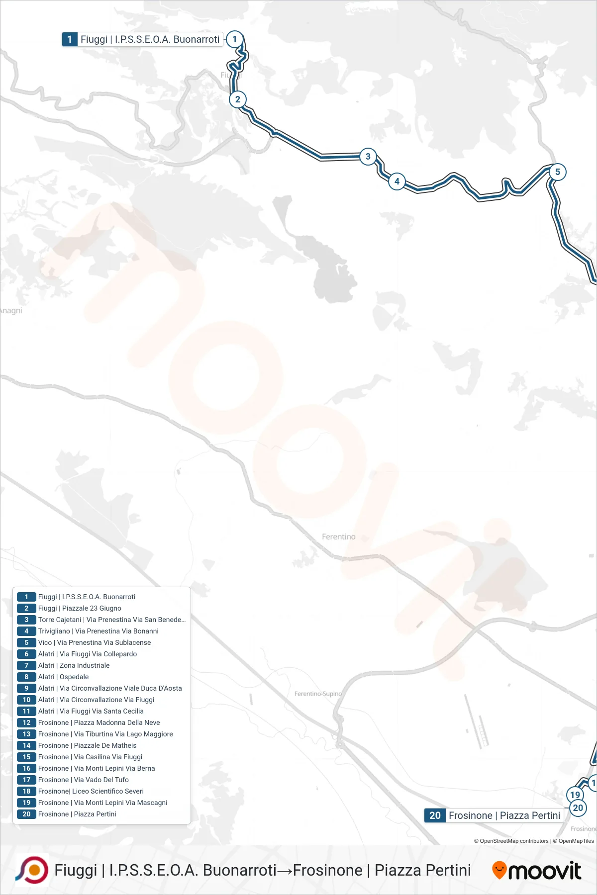 Linea COTRAL bus (Fiuggi | I.P.S.S.E.O.A. Buonarroti→Frosinone | Piazza Pertini) - Percorsi e fermate sulla mappa
