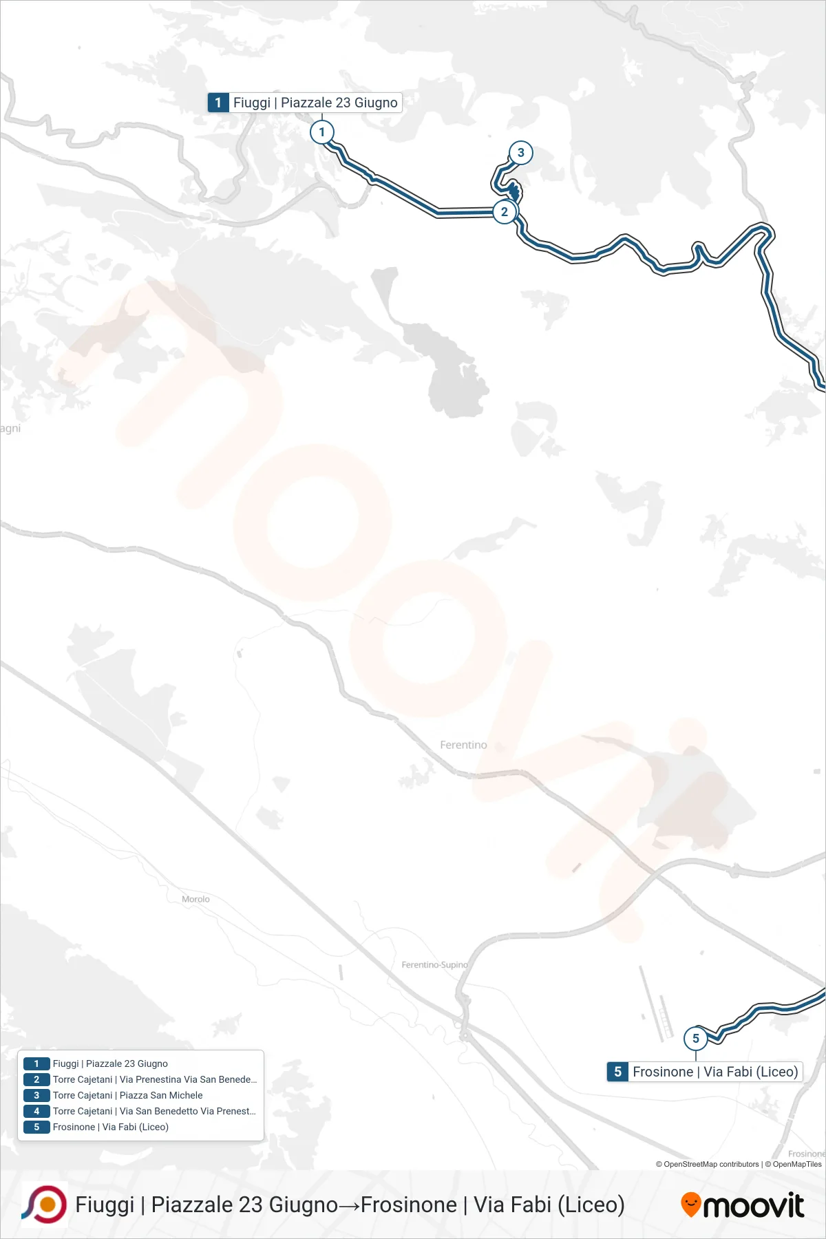 Linea COTRAL bus (Fiuggi | Piazzale 23 Giugno→Frosinone | Via Fabi (Liceo)) - Percorsi e fermate sulla mappa