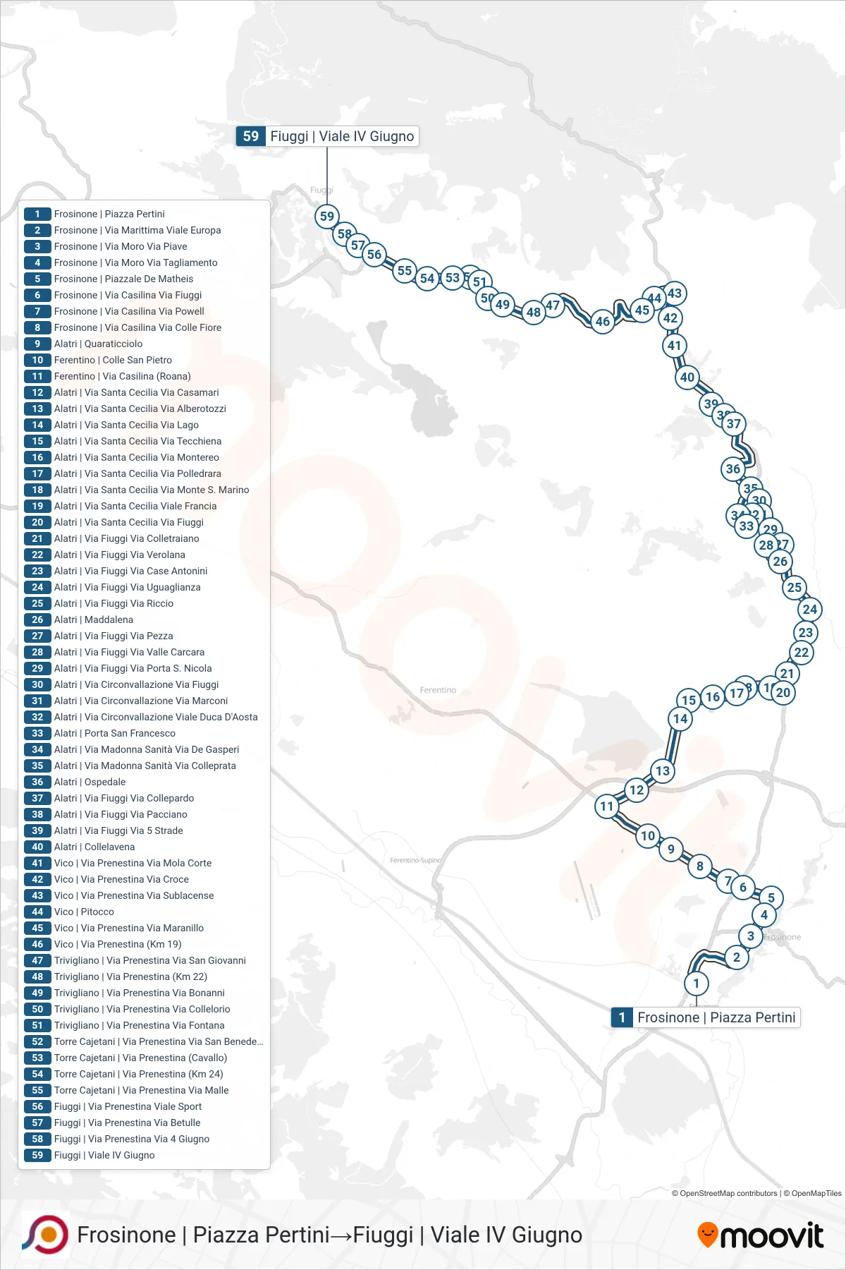 Linea COTRAL bus (Frosinone | Piazza Pertini→Fiuggi | Viale IV Giugno) - Percorsi e fermate sulla mappa
