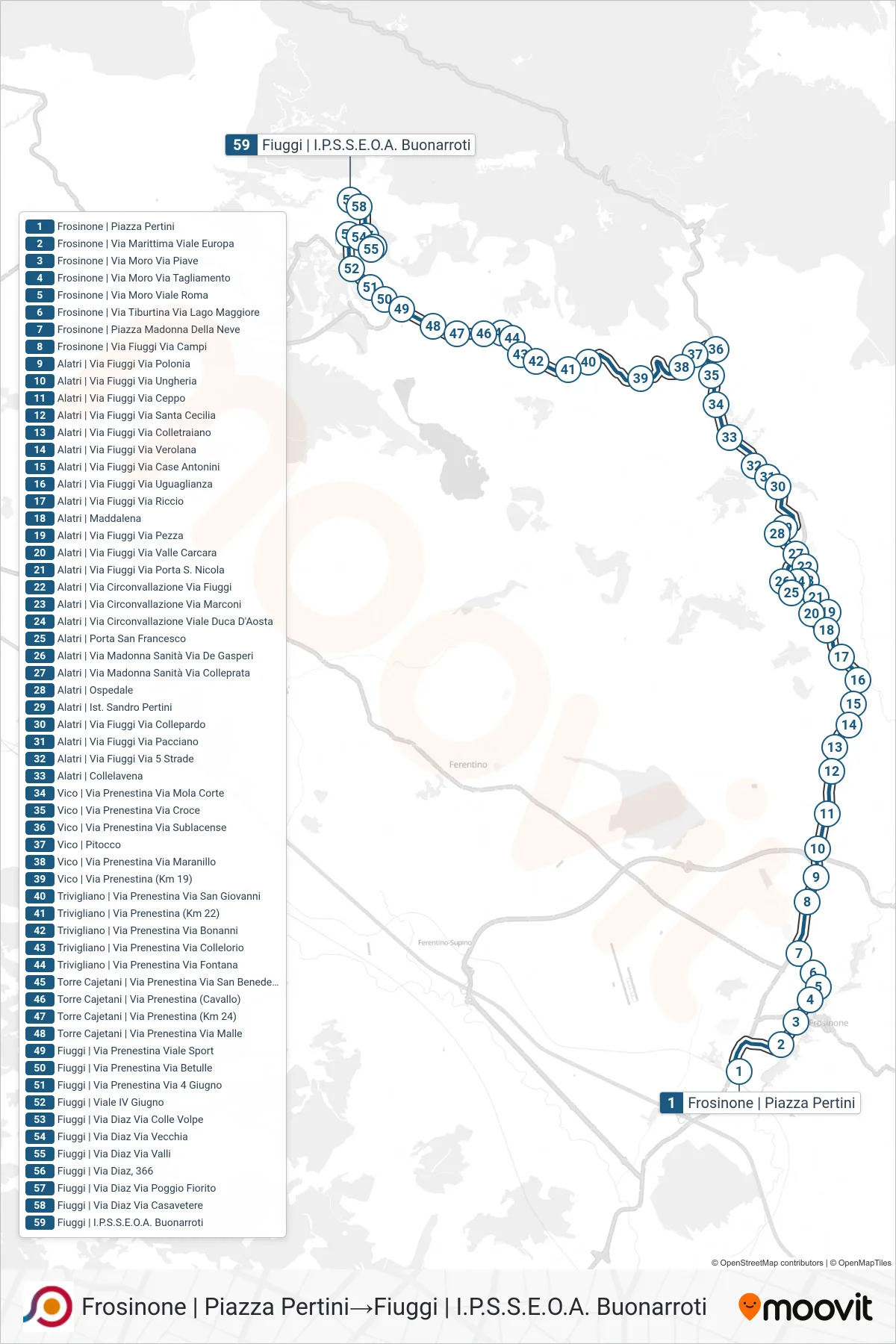 Linea COTRAL bus (Frosinone | Piazza Pertini→Fiuggi | I.P.S.S.E.O.A. Buonarroti) - Percorsi e fermate sulla mappa