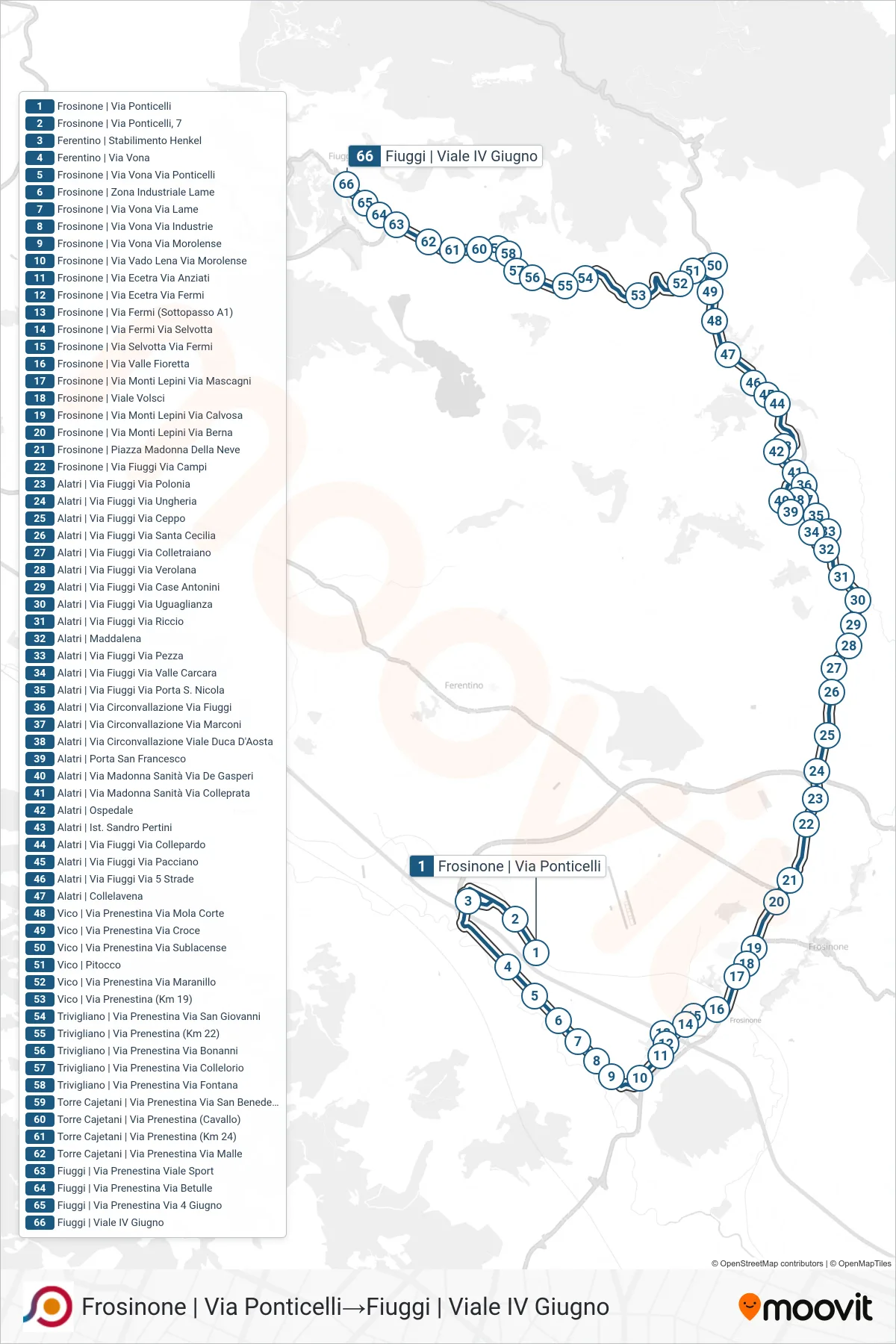 Linea COTRAL bus (Frosinone | Via Ponticelli→Fiuggi | Viale IV Giugno) - Percorsi e fermate sulla mappa