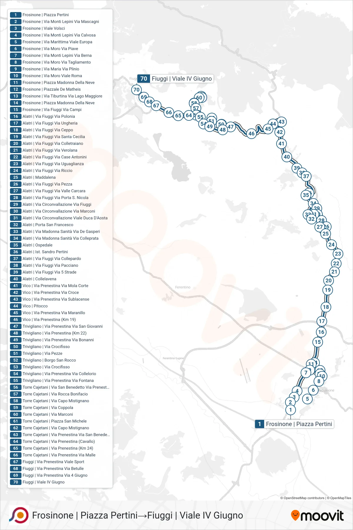 Linea COTRAL bus (Frosinone | Piazza Pertini→Fiuggi | Viale IV Giugno) - Percorsi e fermate sulla mappa