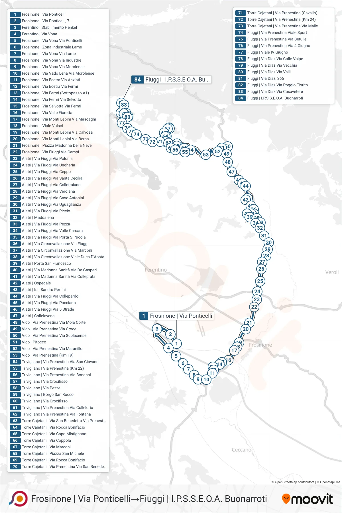 Linea COTRAL bus (Frosinone | Via Ponticelli→Fiuggi | I.P.S.S.E.O.A. Buonarroti) - Percorsi e fermate sulla mappa