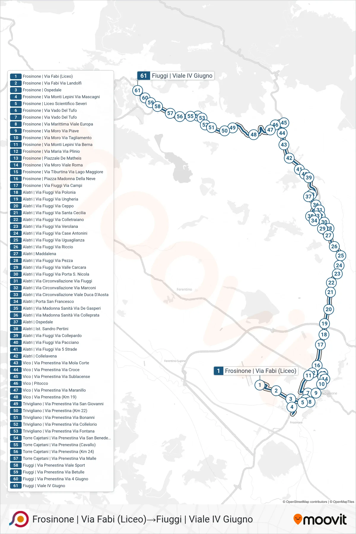 COTRAL bus Line (Frosinone | Via Fabi (High School)‎→Fiuggi via Viale IV Giugno) route and stops on a map