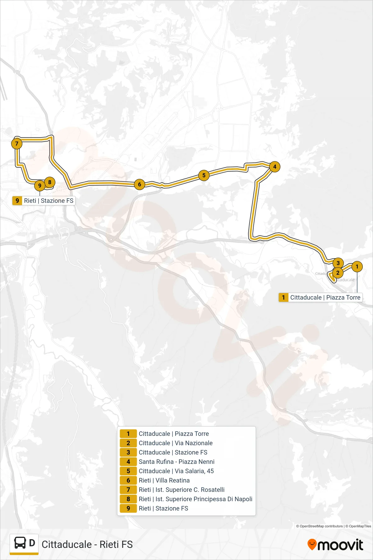 Linea D bus (Rieti | Stazione FS) - Percorsi e fermate sulla mappa