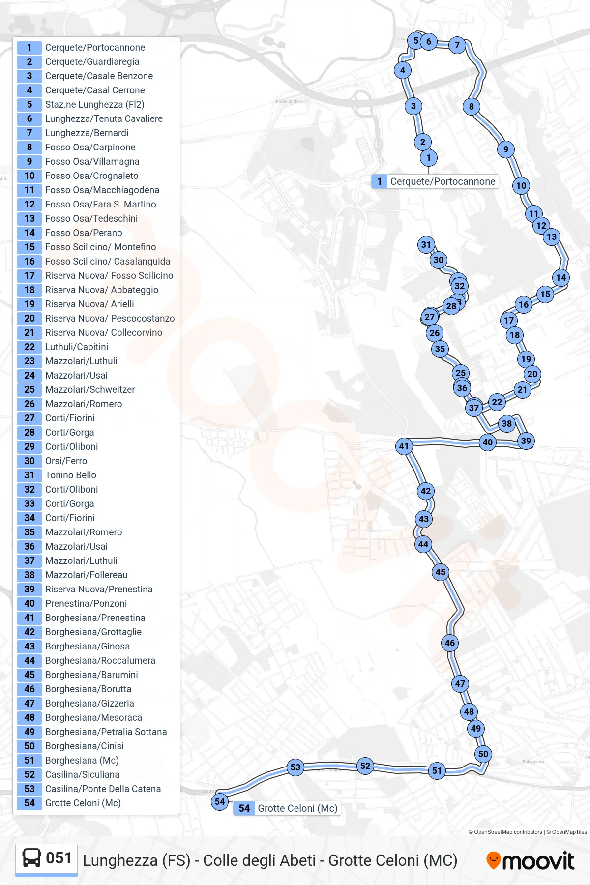 Linea 051 bus (Grotte Celoni (Mc)) - Percorsi e fermate sulla mappa