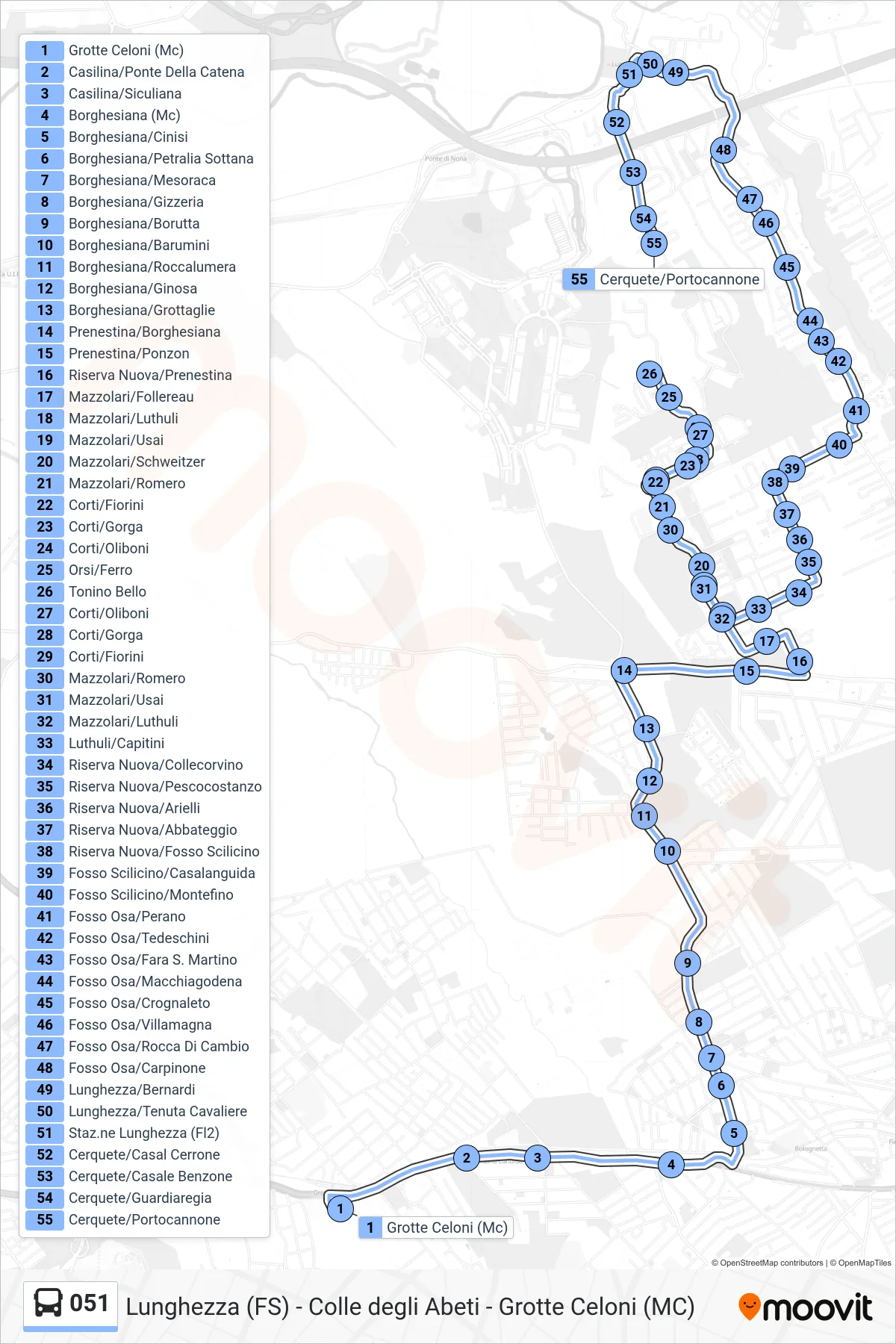 051 bus Line (Cerquete/Portacannone) route and stops on a map