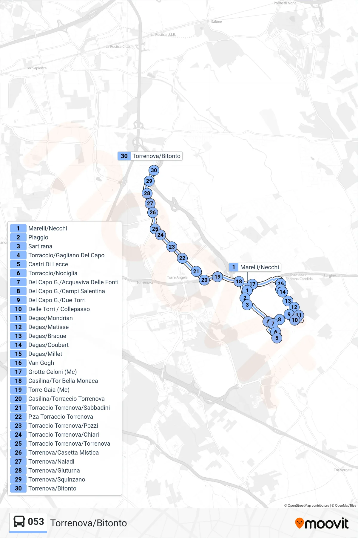 Linea 053 bus (Torrenova/Bitonto) - Percorsi e fermate sulla mappa