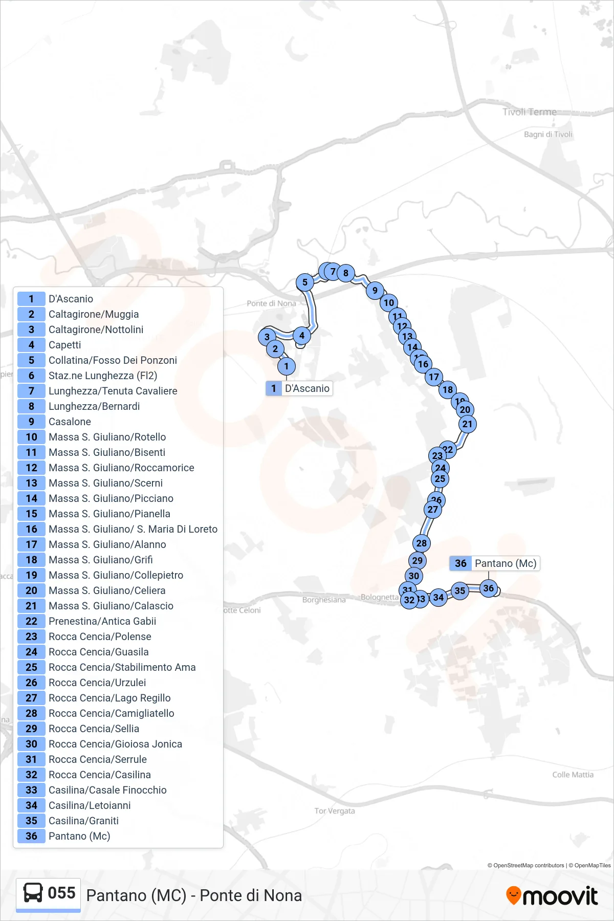 055 bus Line (Pantano (Mc)) route and stops on a map