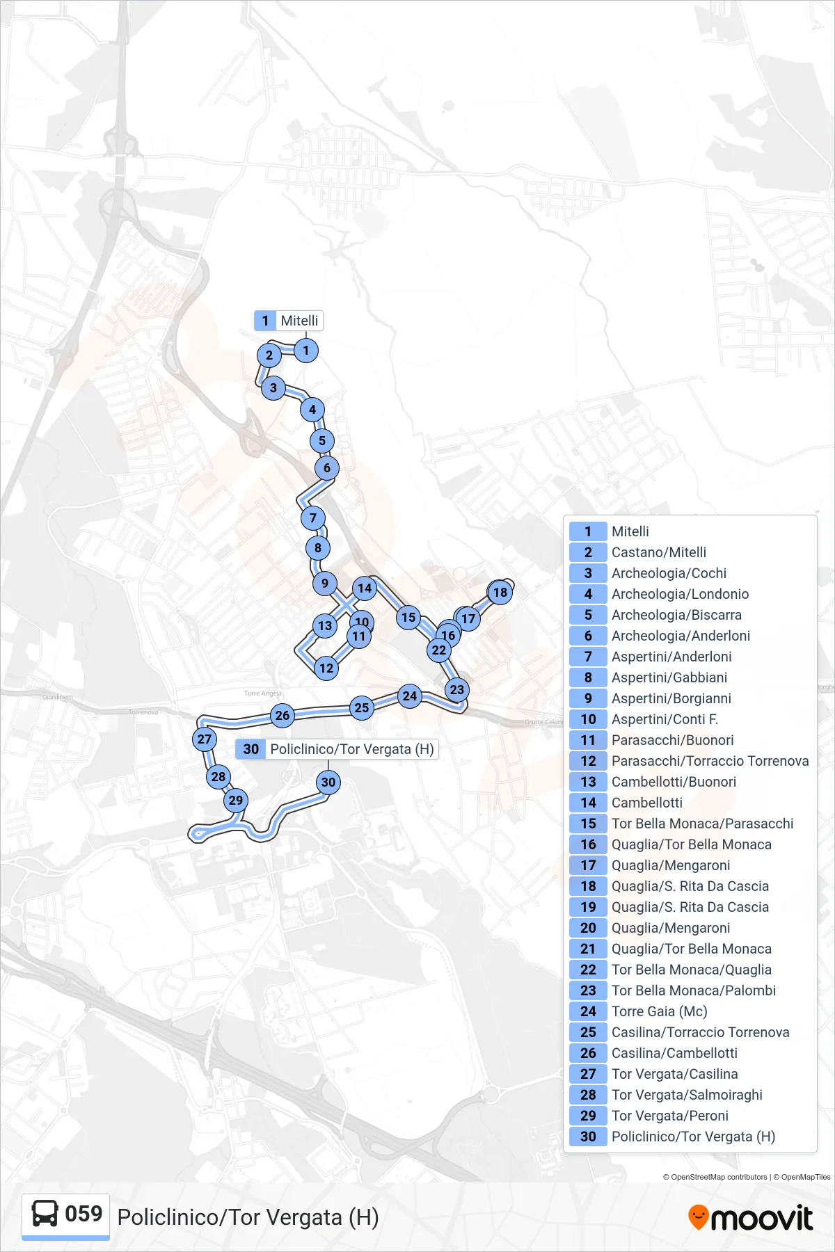 Linea 059 bus (Policlinico/Tor Vergata (H)) - Percorsi e fermate sulla mappa
