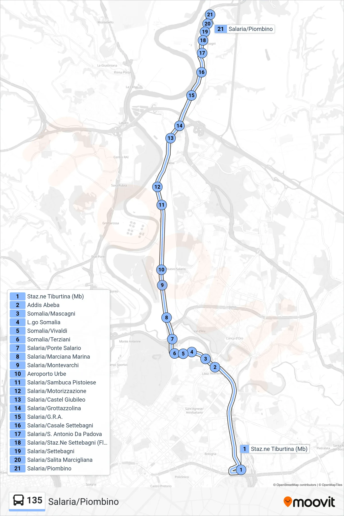 Linea 135 bus (Salaria/Piombino) - Percorsi e fermate sulla mappa