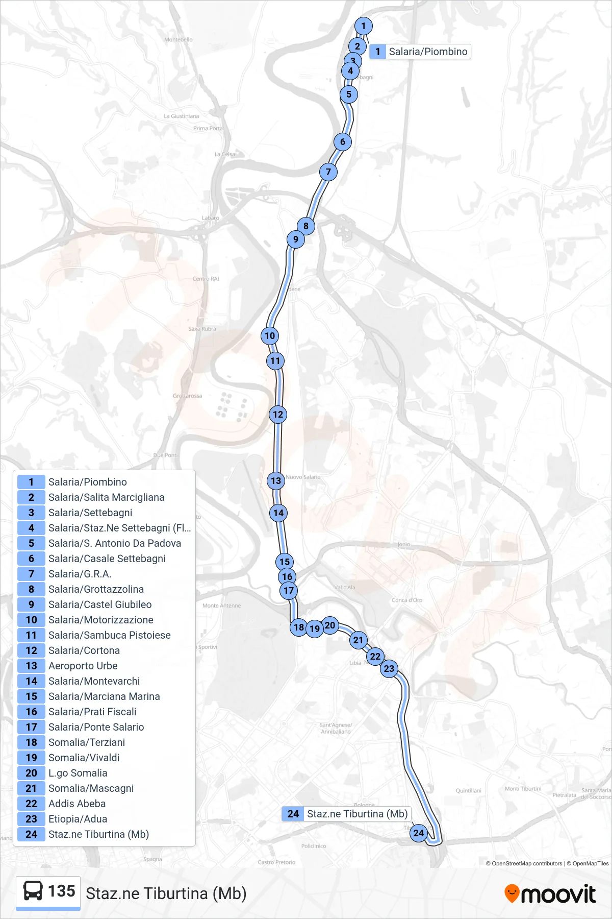 Linea 135 bus (Staz.ne Tiburtina (Mb)) - Percorsi e fermate sulla mappa