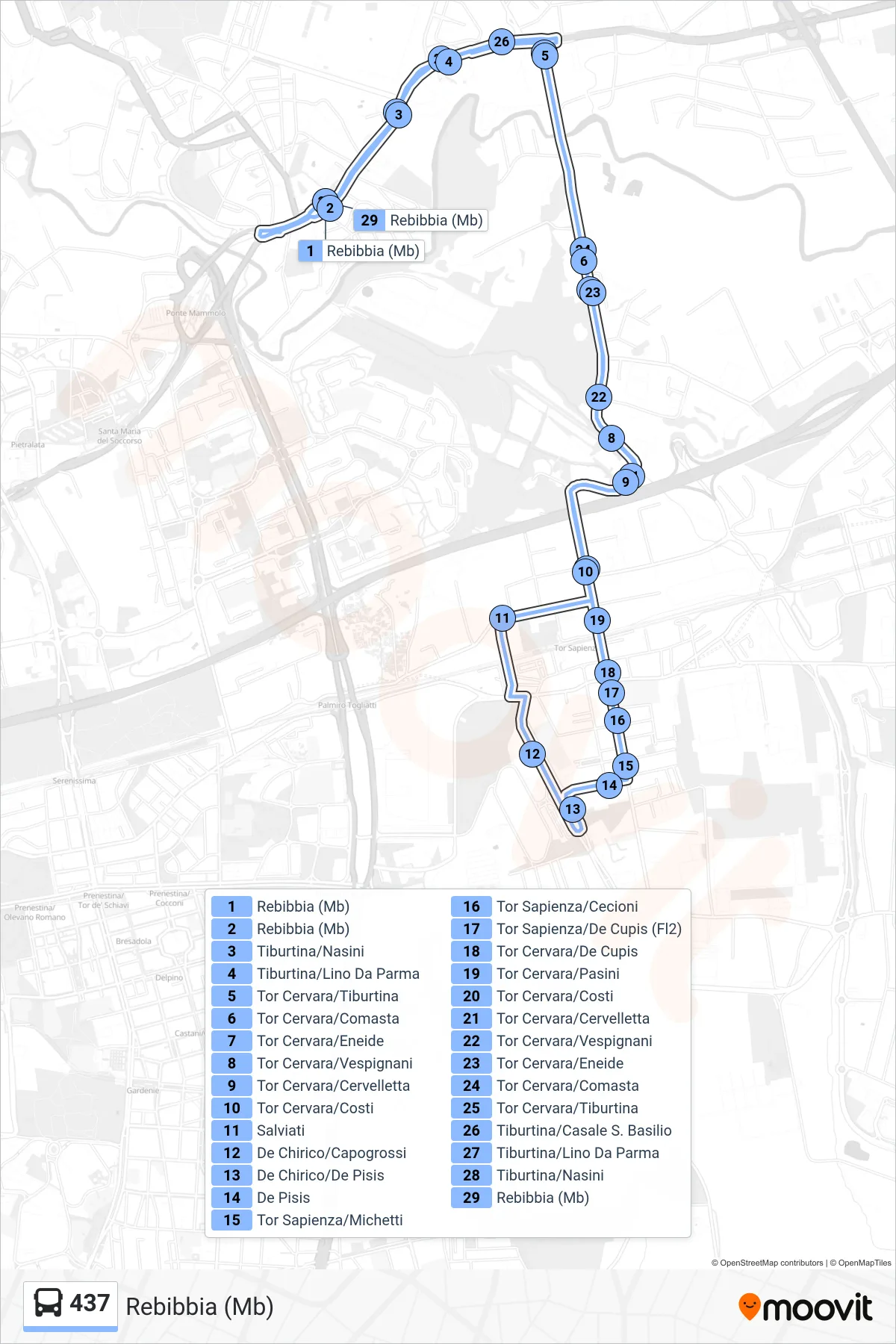 Linea 437  bus (Rebibbia (Mb)) - Percorsi e fermate sulla mappa