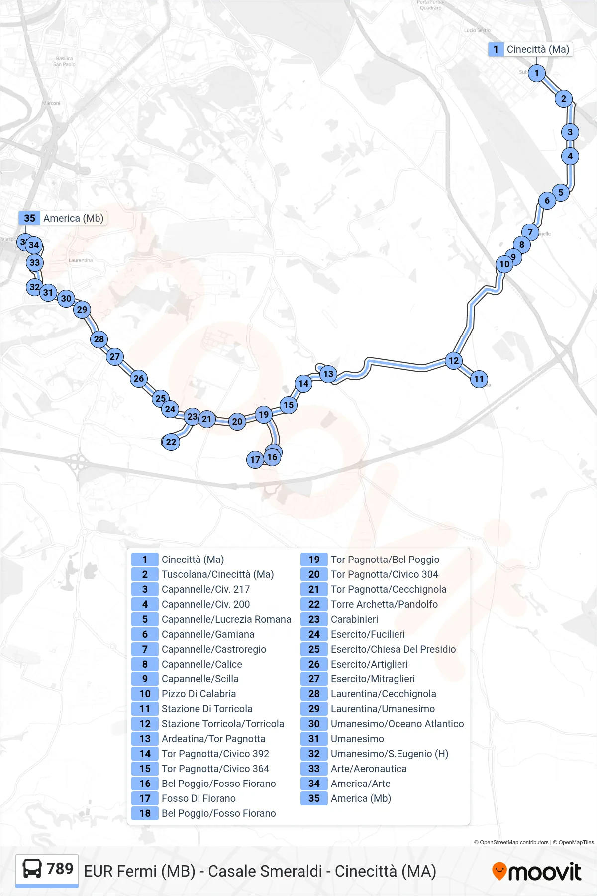 Linea 789 bus (America (Mb)) - Percorsi e fermate sulla mappa