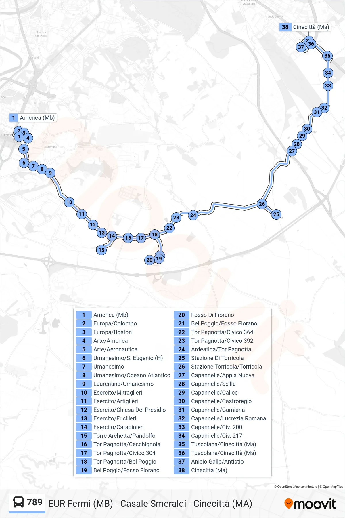 789 bus Line (Cinecitta (Ma)) route and stops on a map