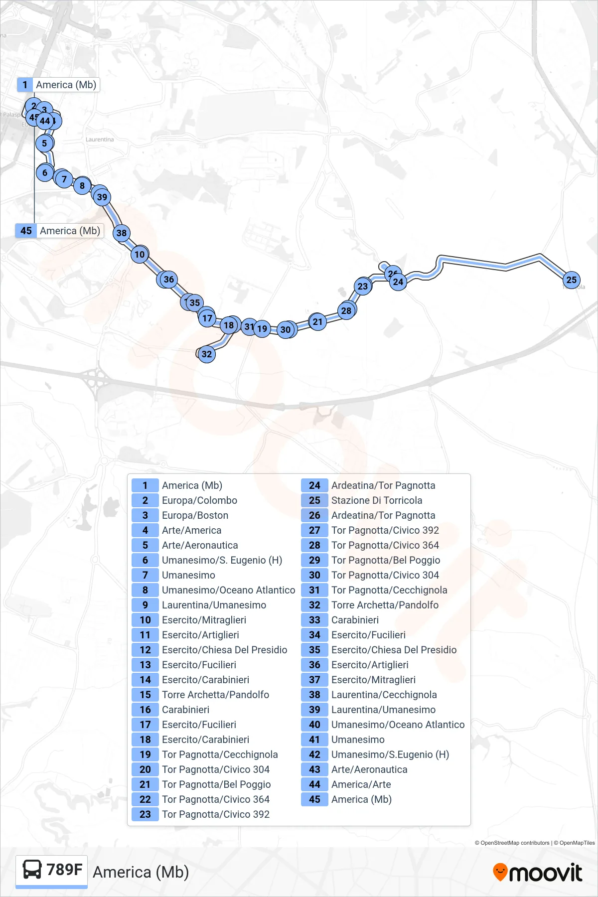 Linea 789F bus (America (Mb)) - Percorsi e fermate sulla mappa