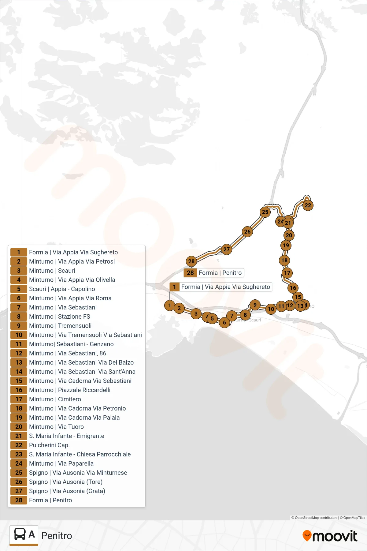 Linea A bus (Penitro) - Percorsi e fermate sulla mappa
