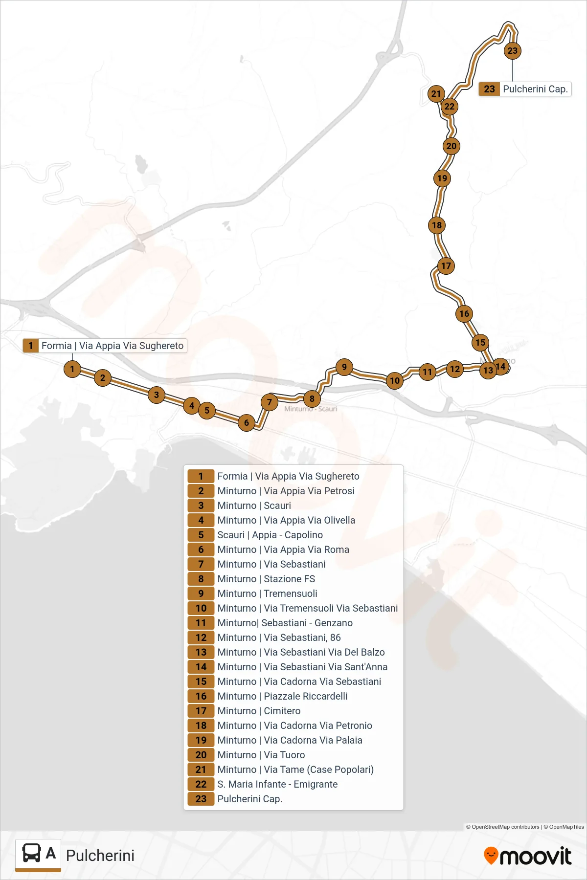 A bus Line (Pulcherini) route and stops on a map