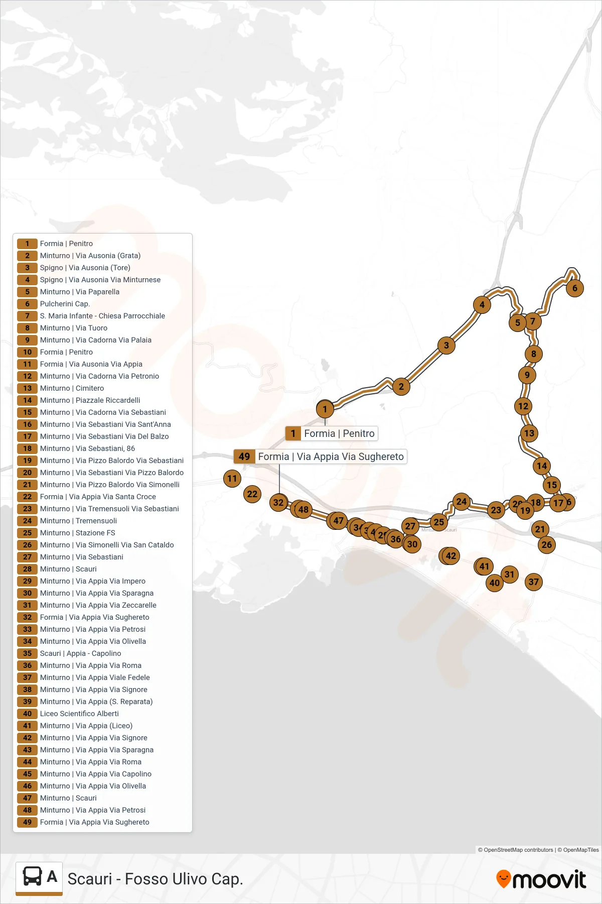 Linea A bus (Scauri - Fosso Ulivo Cap.) - Percorsi e fermate sulla mappa