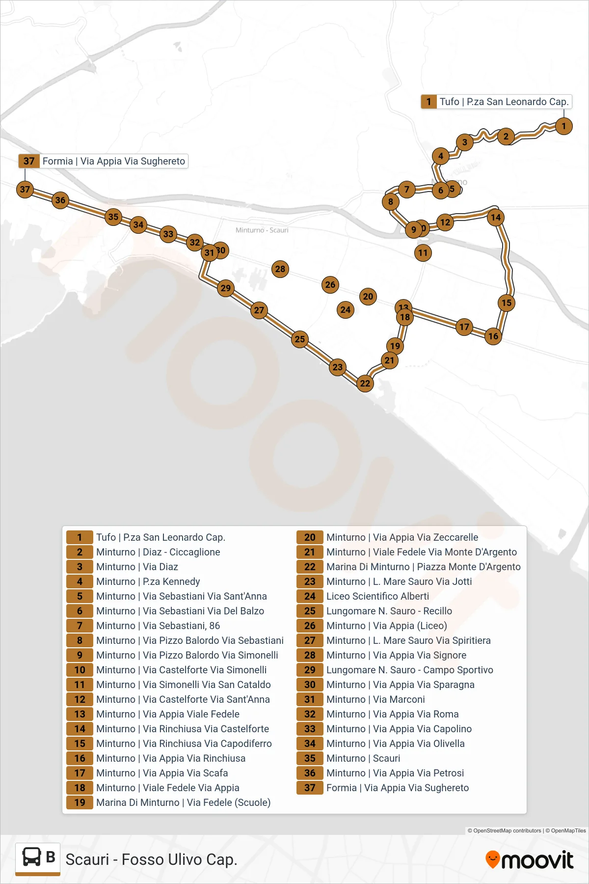 Linea B bus (Scauri - Fosso Ulivo Cap.) - Percorsi e fermate sulla mappa