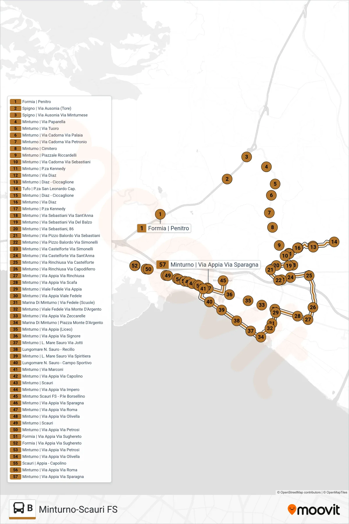 Linea B bus (Minturno-Scauri FS) - Percorsi e fermate sulla mappa