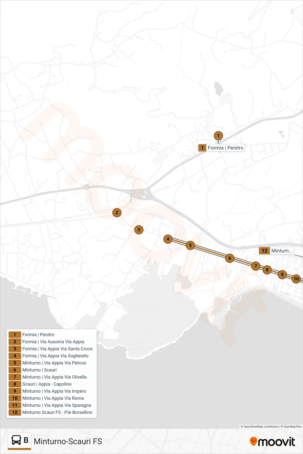 Linea B  bus (Minturno-Scauri FS) - Percorsi e fermate sulla mappa
