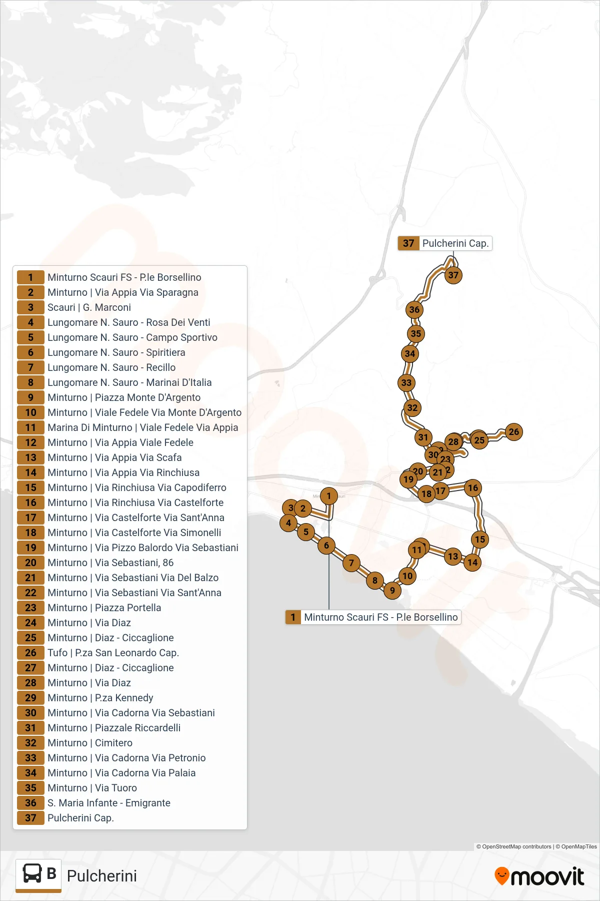 Linea B bus (Pulcherini) - Percorsi e fermate sulla mappa