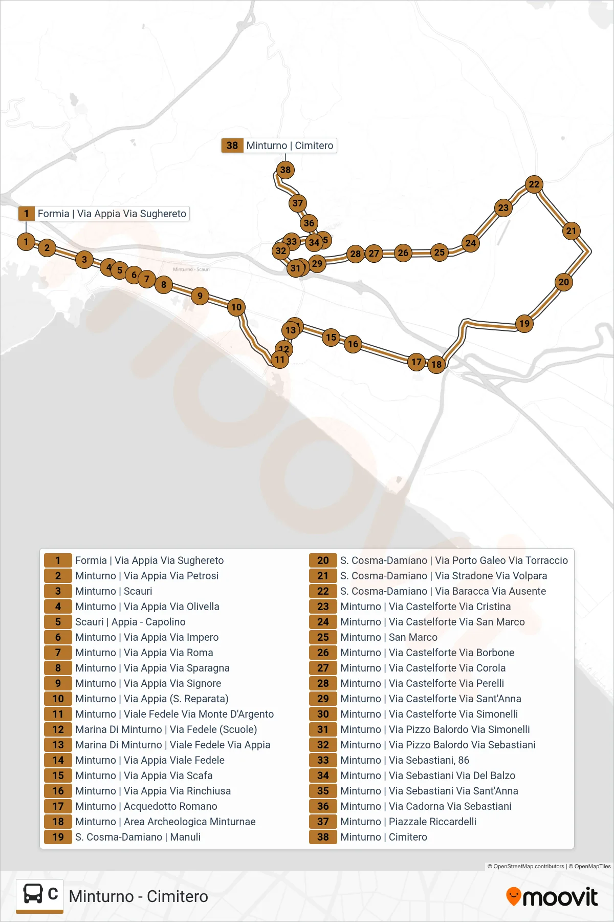 Linea C bus (Minturno - Cimitero) - Percorsi e fermate sulla mappa