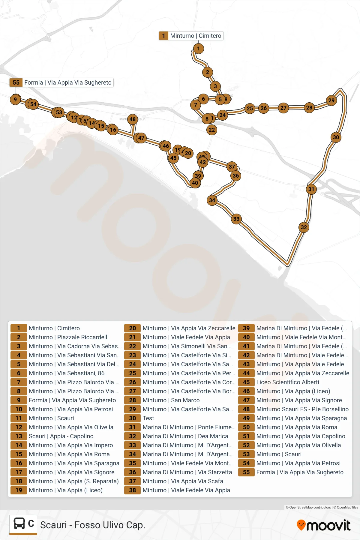 Linea C bus (Scauri - Fosso Ulivo Cap.) - Percorsi e fermate sulla mappa