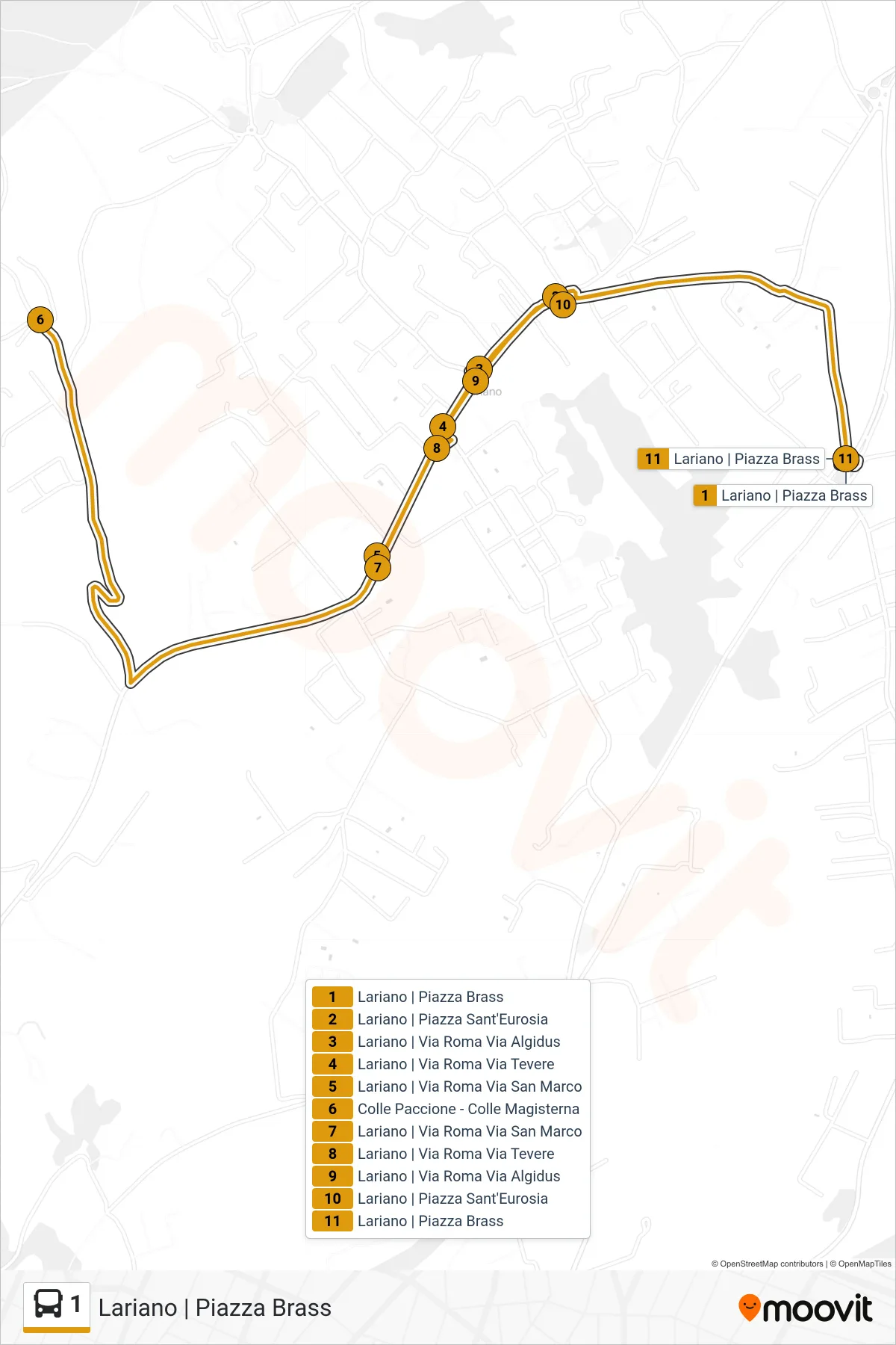 Linea 1 bus (Lariano | Piazza Brass) - Percorsi e fermate sulla mappa