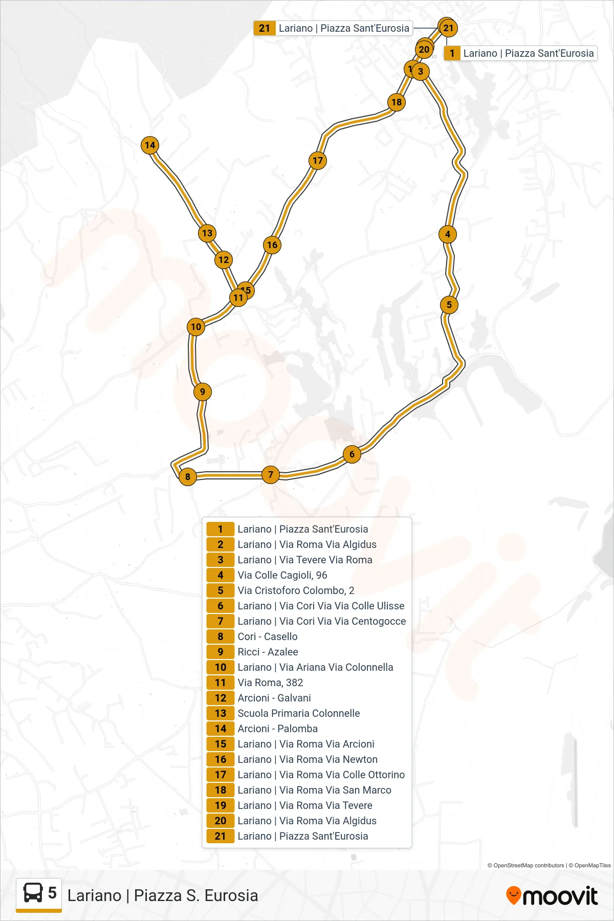 Linea 5 bus (Lariano | Piazza S. Eurosia) - Percorsi e fermate sulla mappa