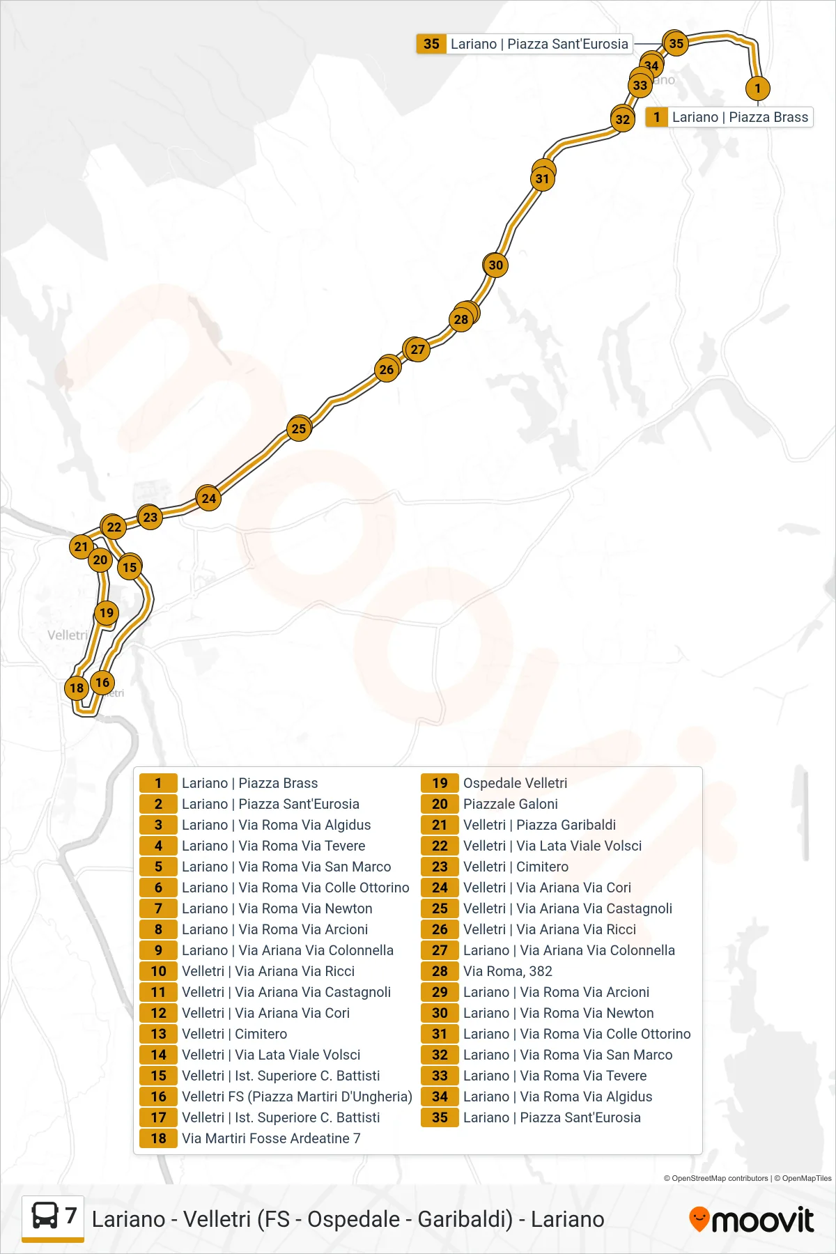 Linea 7 bus (Lariano | Piazza Brass) - Percorsi e fermate sulla mappa