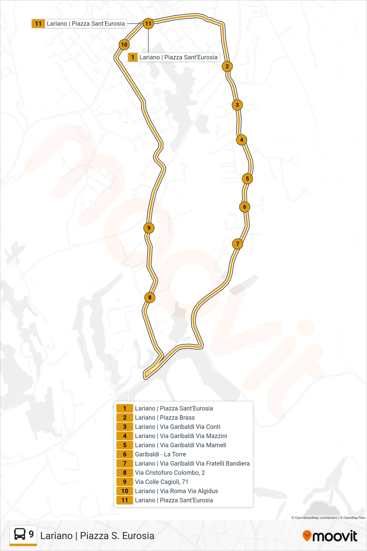 Linea 9 bus (Lariano | Piazza S. Eurosia) - Percorsi e fermate sulla mappa