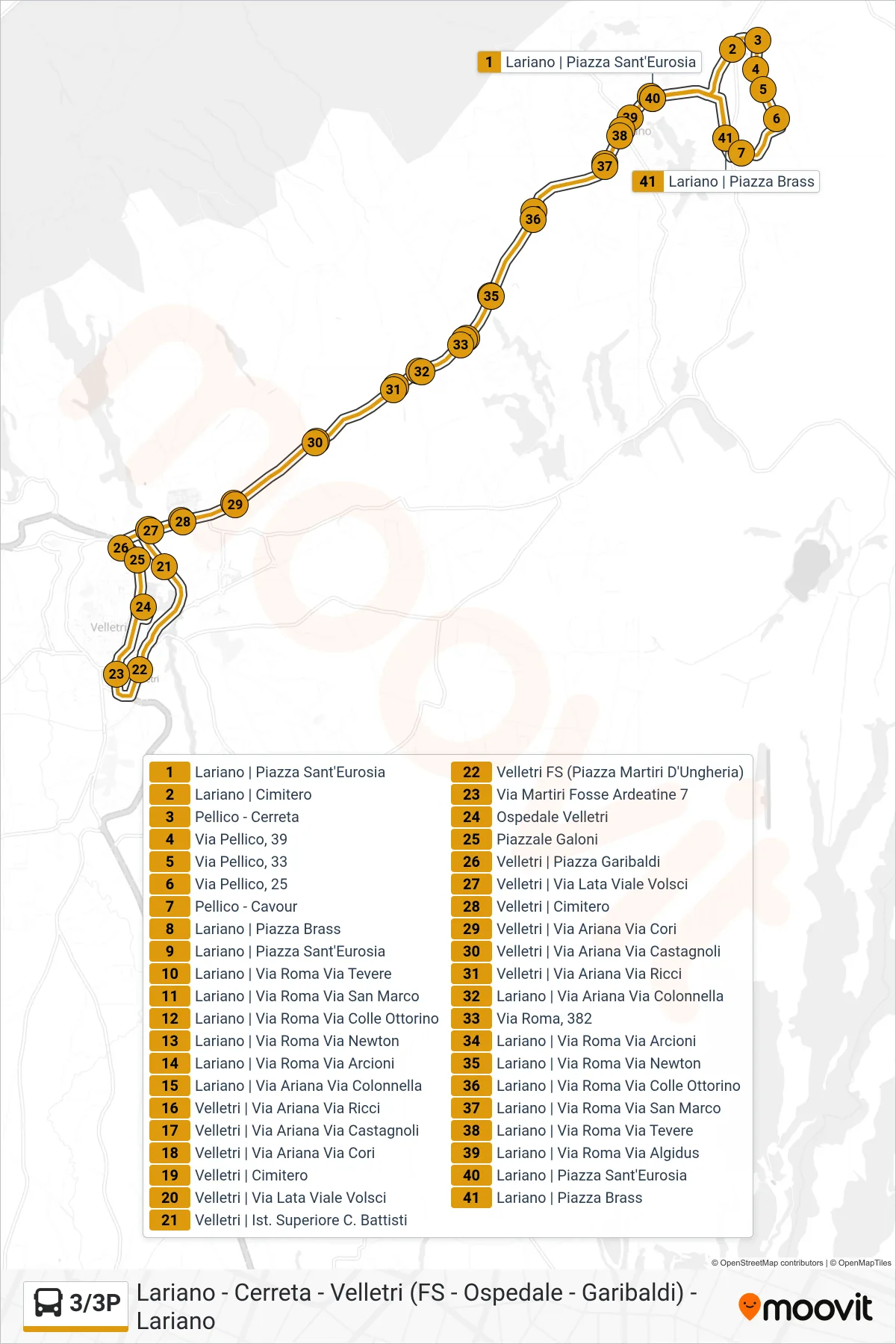 Linea 3/3P  bus (Lariano | Piazza Brass) - Percorsi e fermate sulla mappa