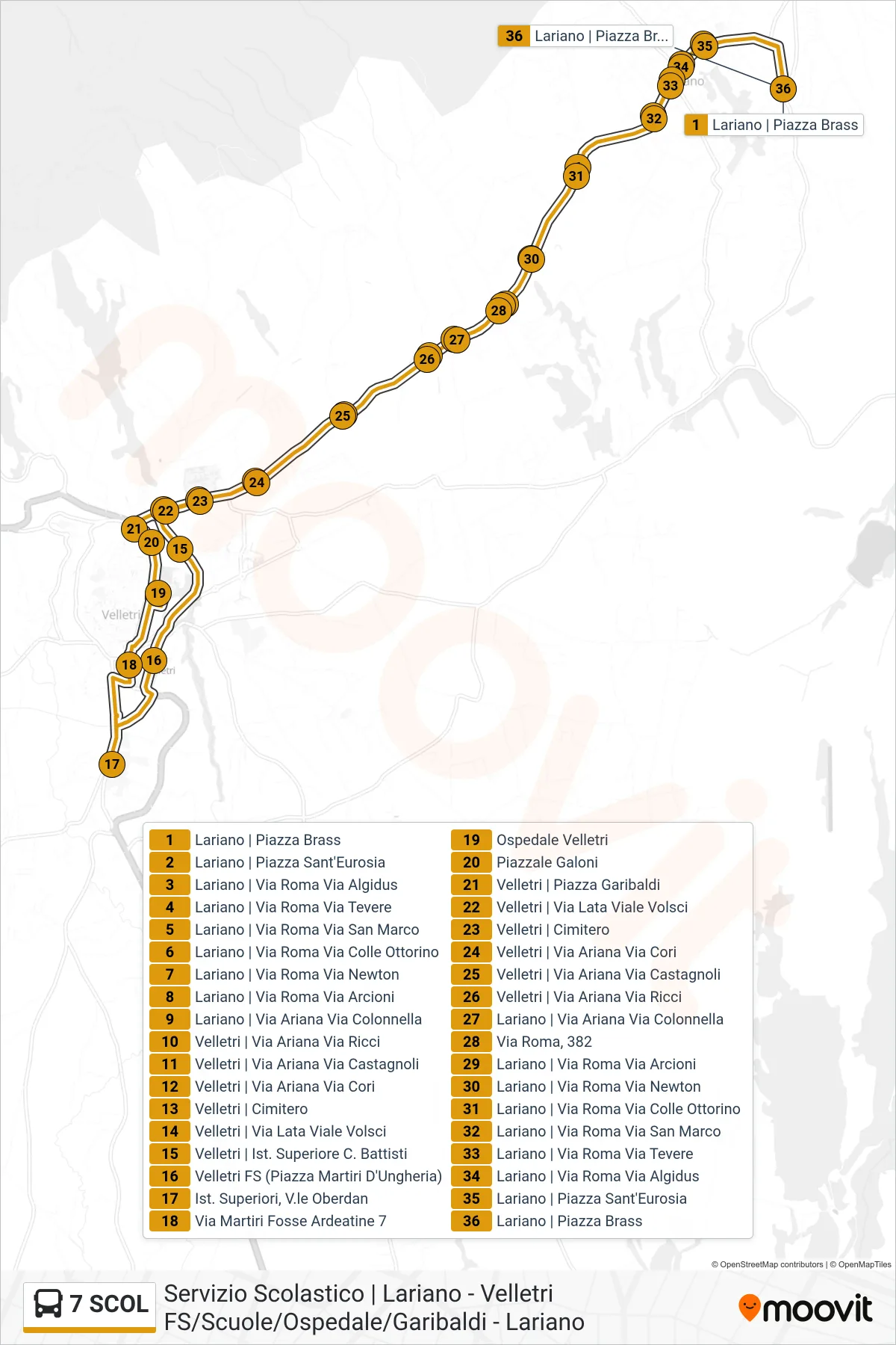 Linea 7 SCOL bus (Lariano | Piazza Brass) - Percorsi e fermate sulla mappa