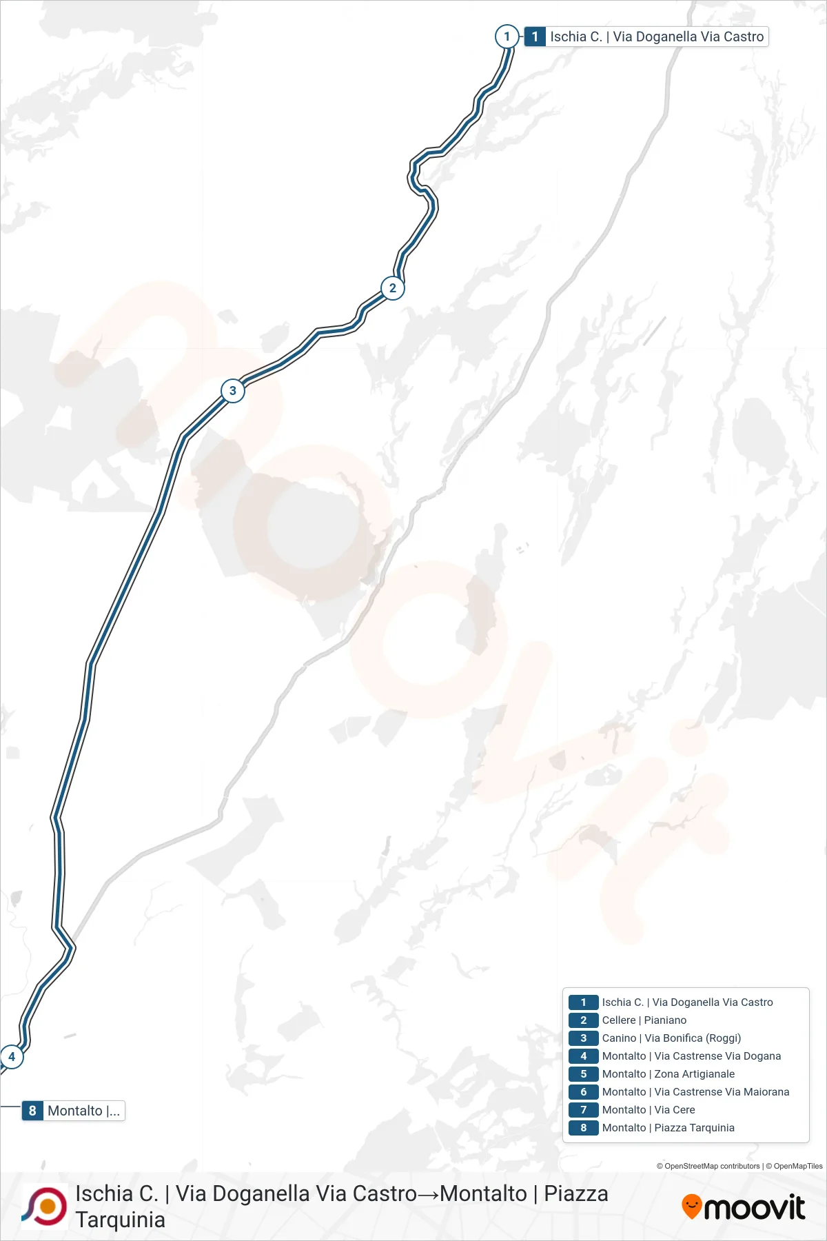 Linea COTRAL bus (Ischia C. | Via Doganella Via Castro→Montalto | Piazza Tarquinia) - Percorsi e fermate sulla mappa