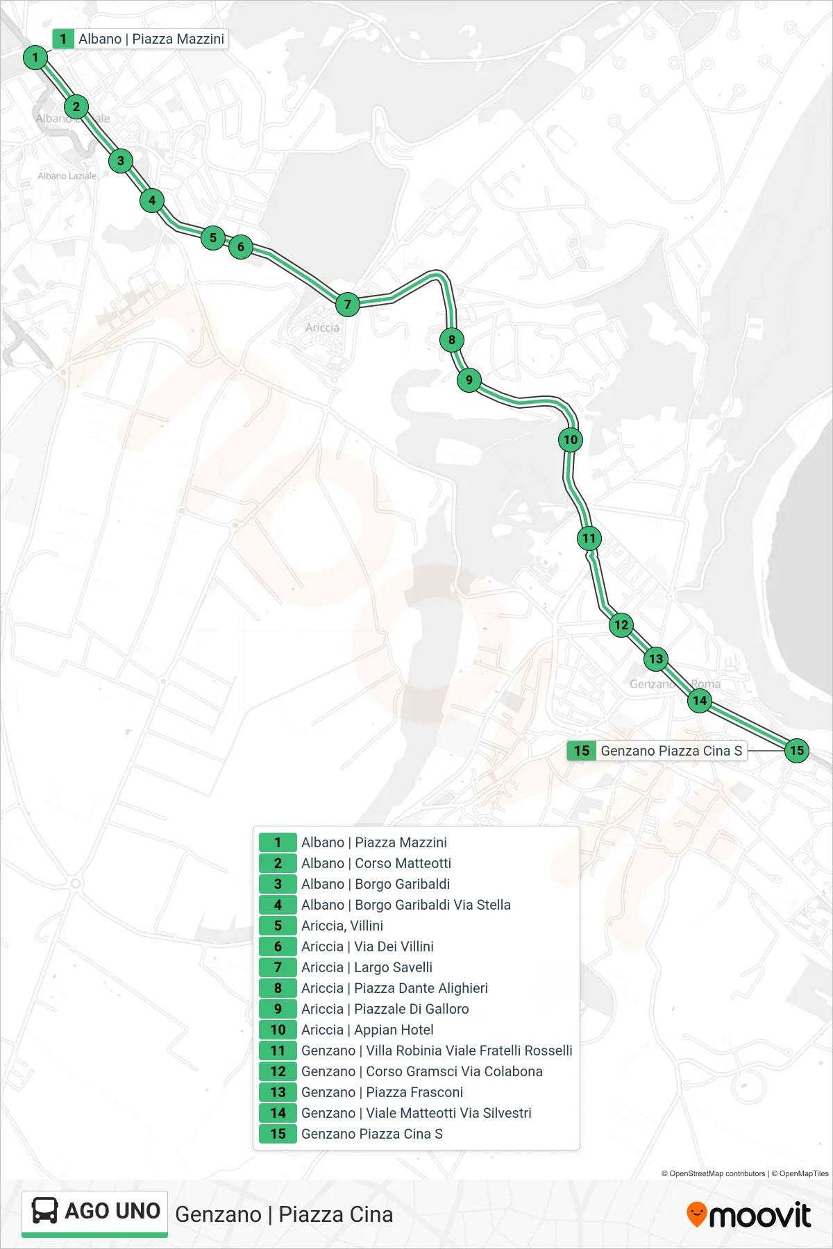 Linea AGO UNO bus (Genzano | Piazza Cina) - Percorsi e fermate sulla mappa