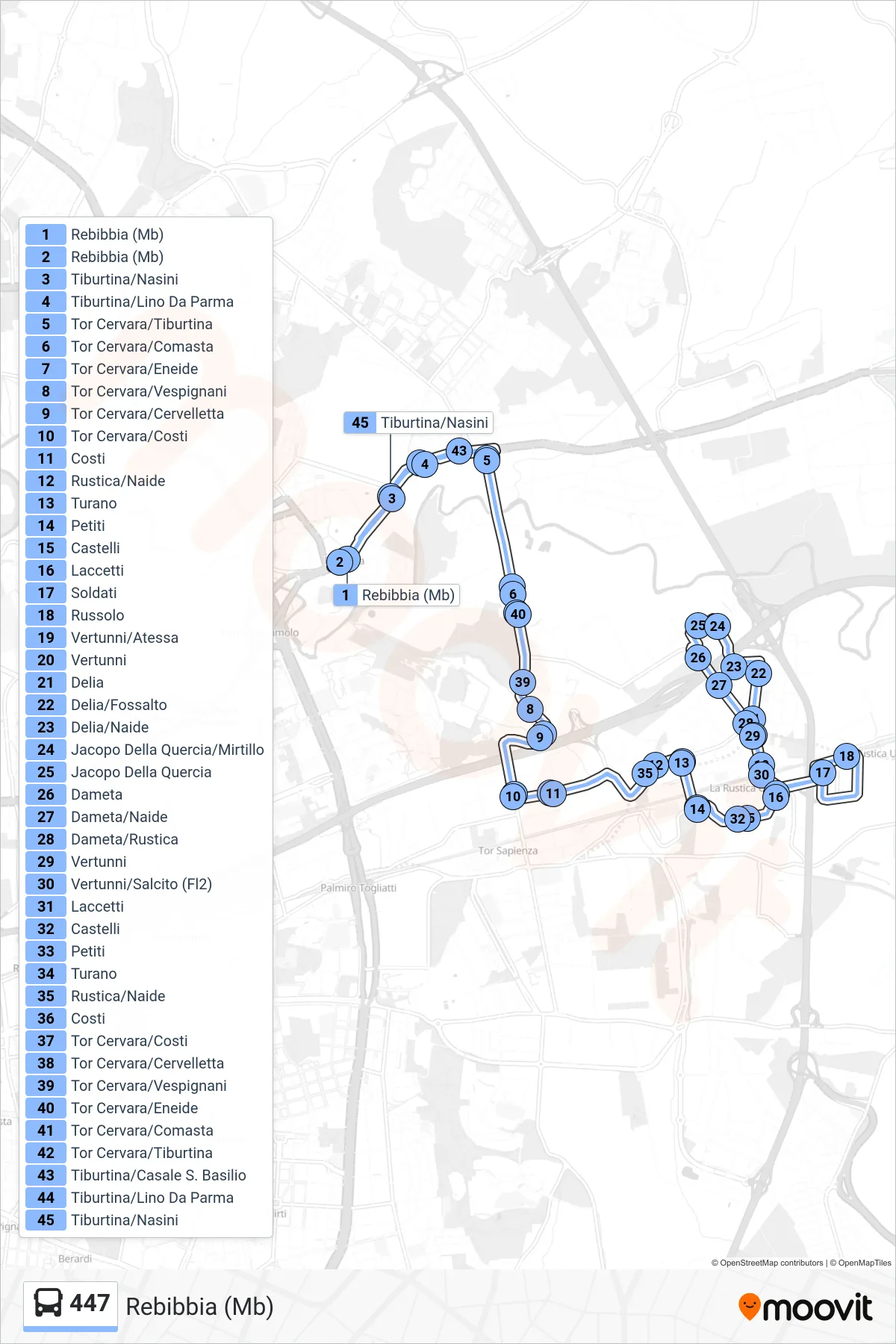 Linea 447 bus (Rebibbia (Mb)) - Percorsi e fermate sulla mappa