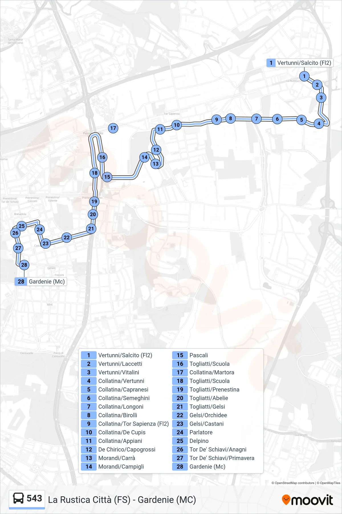 Linea 543 bus (Gardenie (Mc)) - Percorsi e fermate sulla mappa